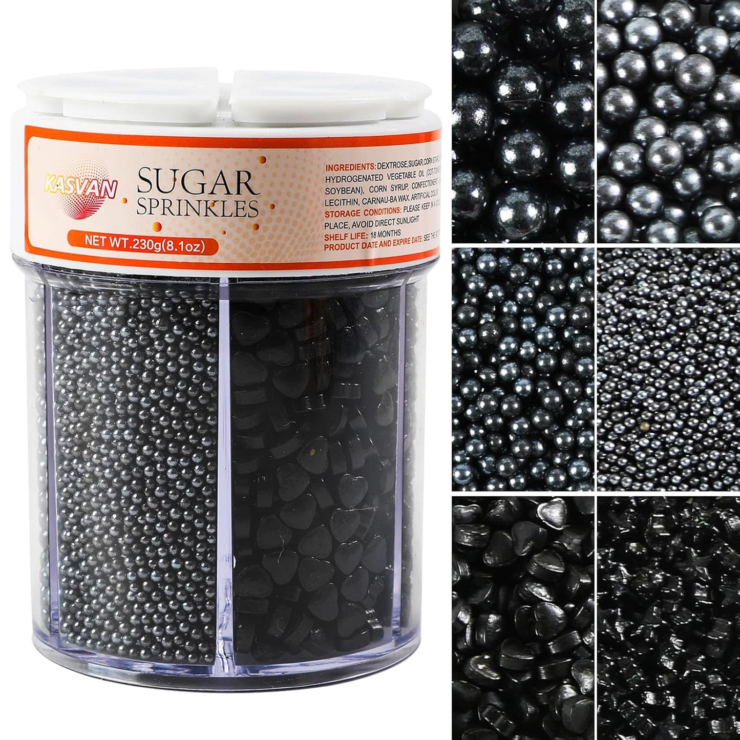 Kasvan Black Pearl Sprinkles, 6 Sizes Mix for Cake Decorating, 230g/8.1oz, Baking Cake Decorations, Ice Cream Toppings and Cookie Decorating, Wedding Party Chirstmas Supplies (Black)