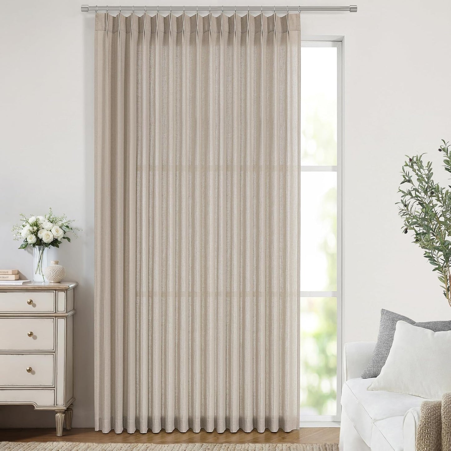 Vision Home Sand Pinch Pleated Semi Sheer Curtains Textured Linen Blended Light Filtering Window Curtains 120 inch for Living Room Bedroom Patio Pinch Pleat Drapes with Hooks 1 Panel 84" Wx120 L