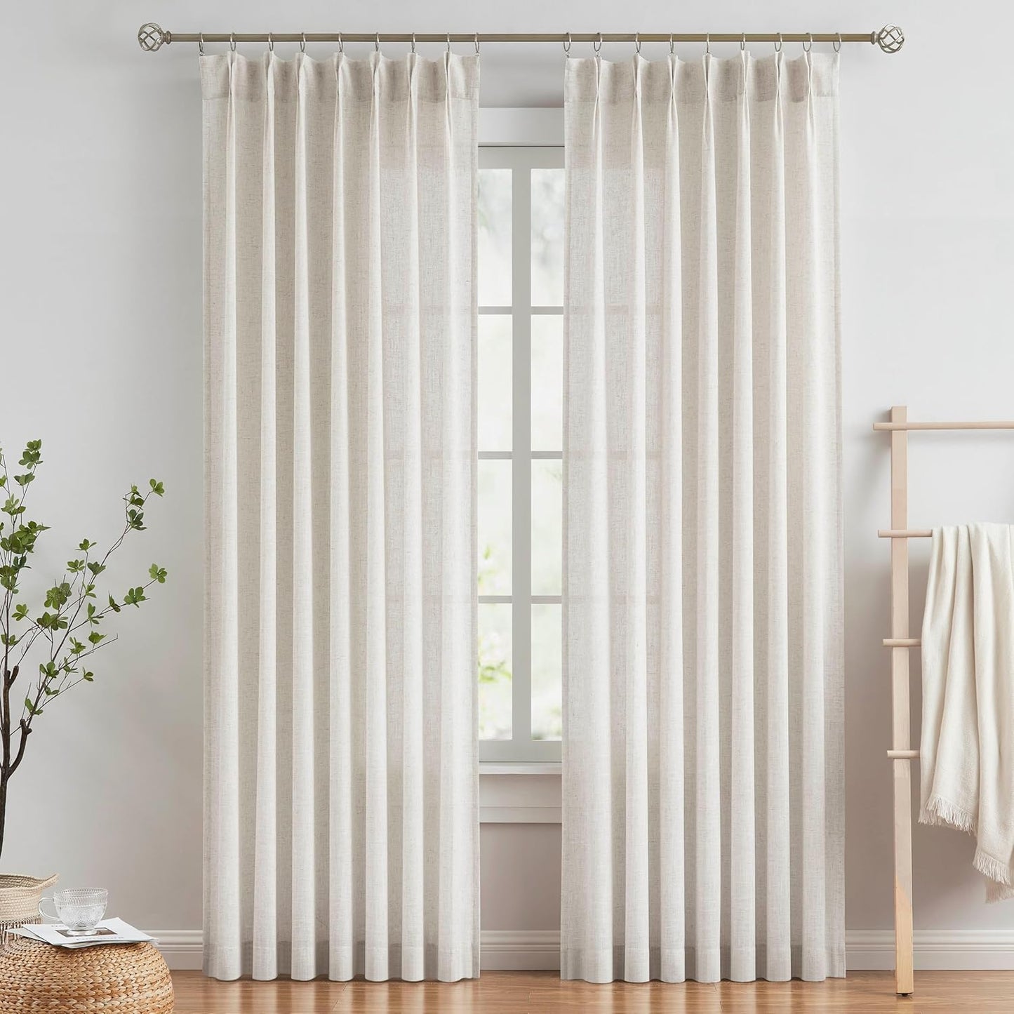 Vision Home Natural Pinch Pleated Semi Sheer Curtains Textured Linen Blended Light Filtering Window Curtains 95 inch for Living Room Bedroom Pinch Pleat Drapes with Hooks 2 Panels 42" Wx95 L