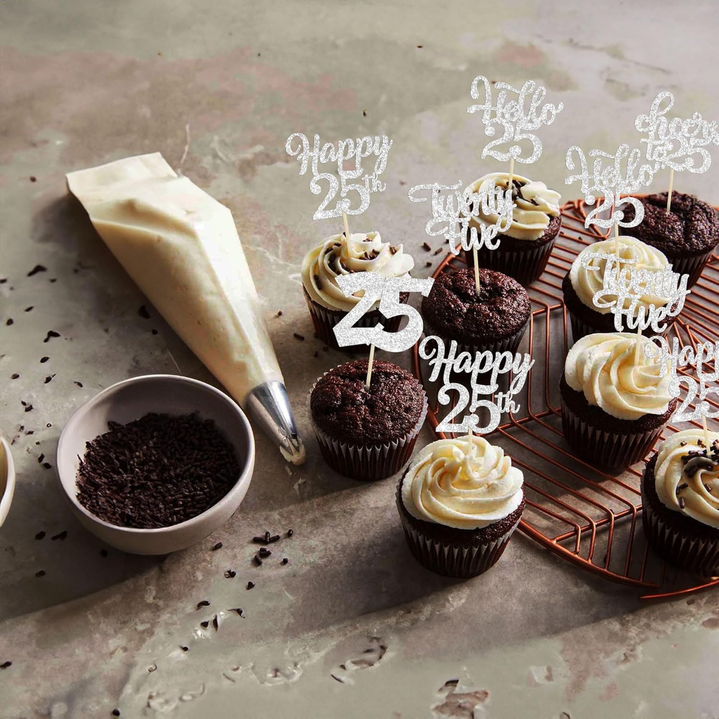 30pcs 25th Birthday Cupcake Toppers - Silver Glitter Cheers to 25 Years Old Cake Decorations for 25th Birthday Anniversary Party Supplies