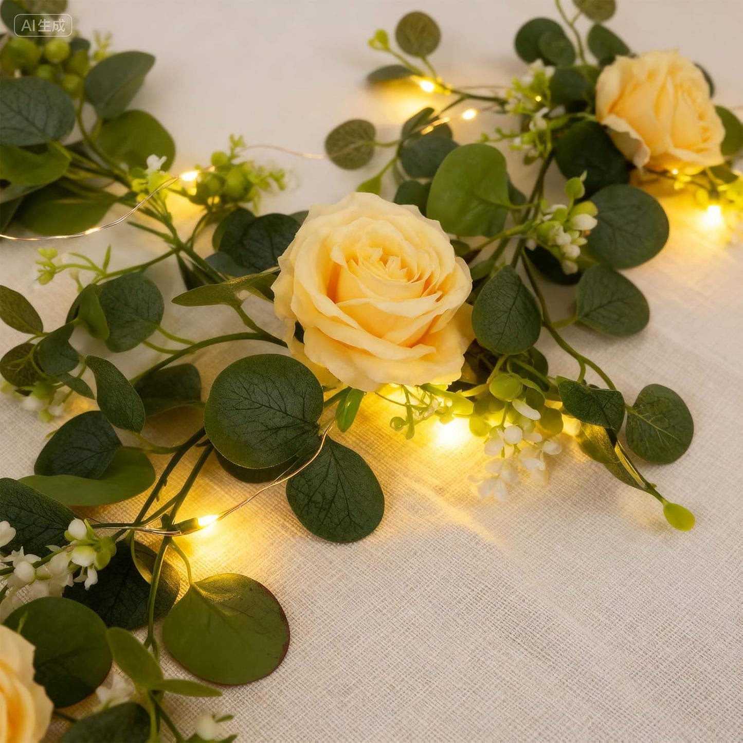 2 Pack 5.9 FT Artificial Flower Garland with Lights, Fake Floral Garland with 12 Roses, White Flower Decorations for Arch Table Centerpieces Backdrop Party Home Wedding Decorations