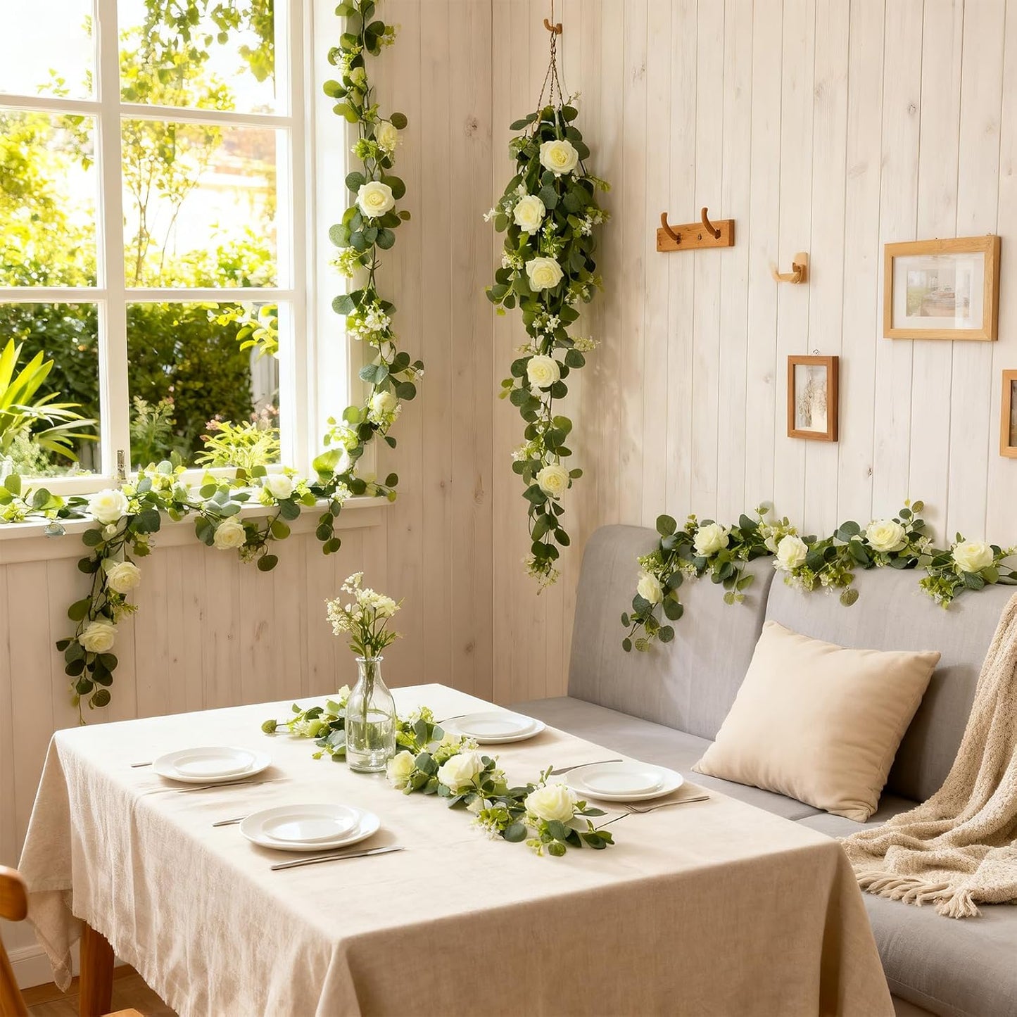 2 Pack 5.9 FT Artificial Flower Garland with Lights, Fake Floral Garland with 12 White Roses, White Flower Decorations for Arch Table Centerpieces Backdrop Party Home Wedding Decorations