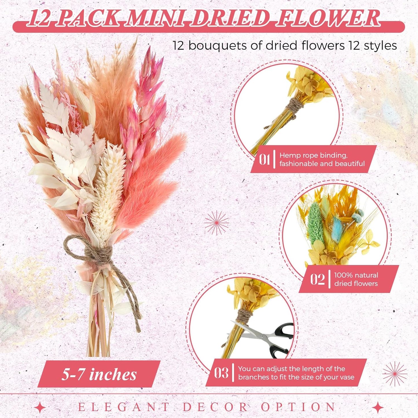 Layhit 12 Pack Boho Dried Flower Bouquet Mini Wedding Handmade Dry Flowers Decor for Vase Crafts DIY Photo Boutonniere for Men Floral Plant for Bridesmaid Gift Birthday Decor