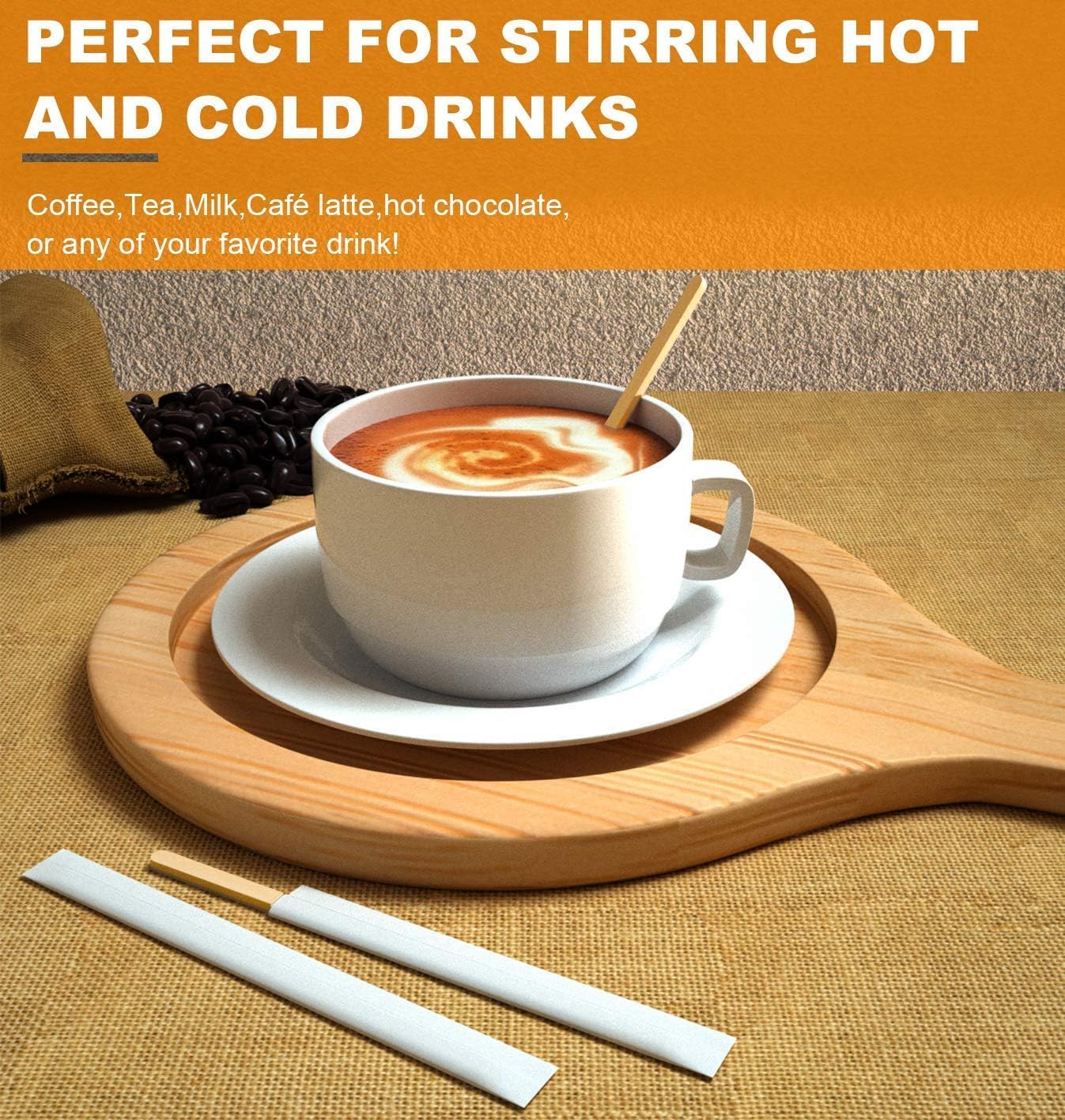 2000Pcs Disposable Wood Coffee Stir Sticks Stirrers Individually Paper Wrapped Coffee Tea Beverage Stirrers Stirrings 5.5 Inch,140mm