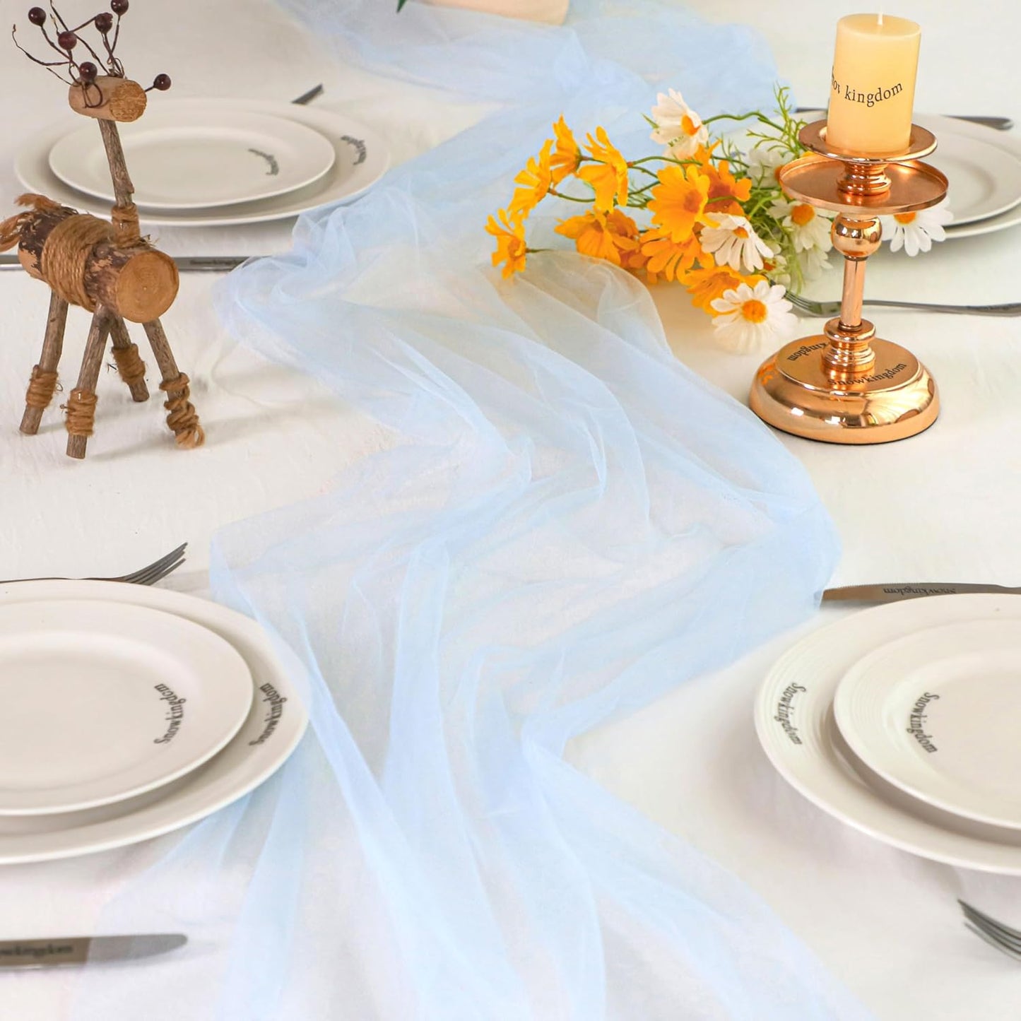 Snowkingdom Light Blue Cheesecloth Table Runner 10FT, Baby Blue Sheer Tulle Gauze Runner 120 Inch, Rustic Boho Party Table Decoration for Wedding Bridal Baby Shower Birthday Christmas Winter Holiday