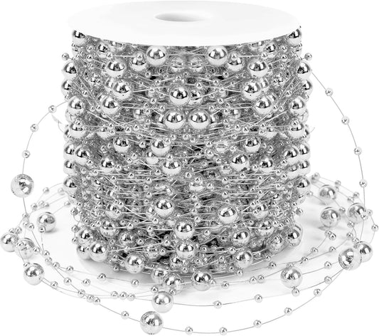 JULBEAR Beads Garland Decoration, 1Rolls 131Feet Silver Christmas Pearl Strands Chain Bead Garland for Christmas Tree Fireplace Wreath Gift Bouquet Crafts Wrapping Party Centerpieces Decoration