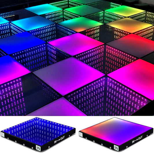 8ft x 8ft 3D Infinity LED Dance Floor - RGB Color Changing & Tempered Glass Panel with Flight Case - Ideal for Indoor/Outdoor Weddings, Parties, and Clubs