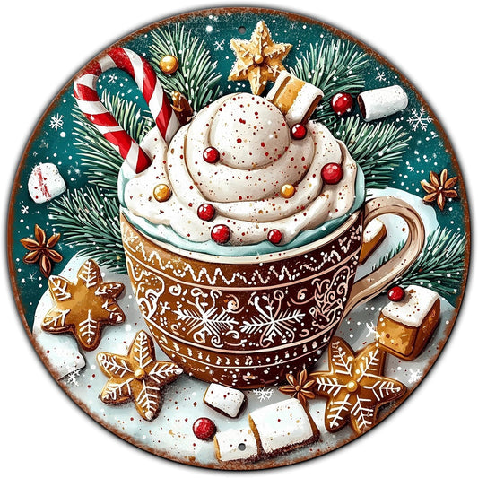 Round Christmas Signs Hot Cocoa Bar Metal Tin Sign Christmas Decor For Home Vintage Christmas Coffee Cocoa Tin Sign Hot Chocolate Bar Sign 12 * 12 in