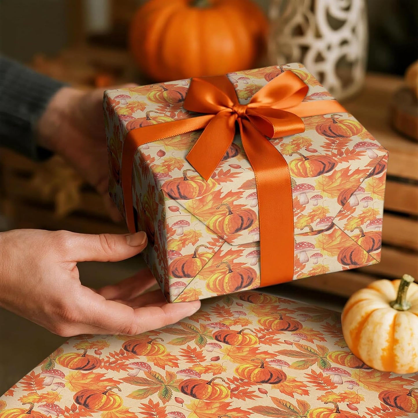 RUSPEPA Fall Wrapping Paper Roll, Mini Roll, Watercolor Pumpkin, Autumn Leaf and Mushroom Design, Autumn Kraft Gift Wrap Paper for Thanksgiving, Fall Party, Harvest, 17 Inches x 16.4 Feet