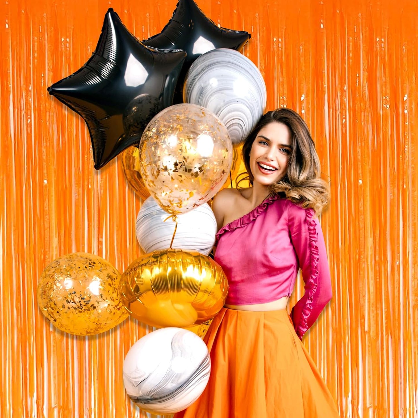 3 Pack Macaron Orange Foil Fringe Curtain Backdrop, 3.28Ft x 8.2Ft Metallic Tinsel Foil Fringe Streamer Curtains for Photo Booth, Mother's Day, Easter, Birthday, Wedding Party Decorations