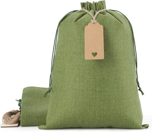 Tapleap Burlap Bags with Drawstring - 10Pcs 10x14 Green Gift Sacks for Wrapping Halloween Favors, Clothes, Toiletries, Breads, Root Ball, For Birthday, Wedding, Party or Household Use