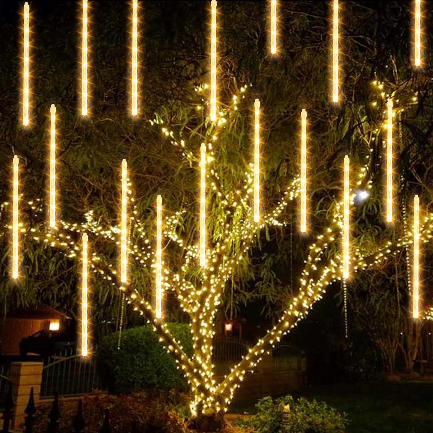 Dazzle Bright 1728 LED Christmas Light, Meteor Shower Rain Lights 11.8 Inch 48 Tubes, Waterproof Plug in Falling Rain Lights Decorations for Xmas Tree Yard Party (Warm White)