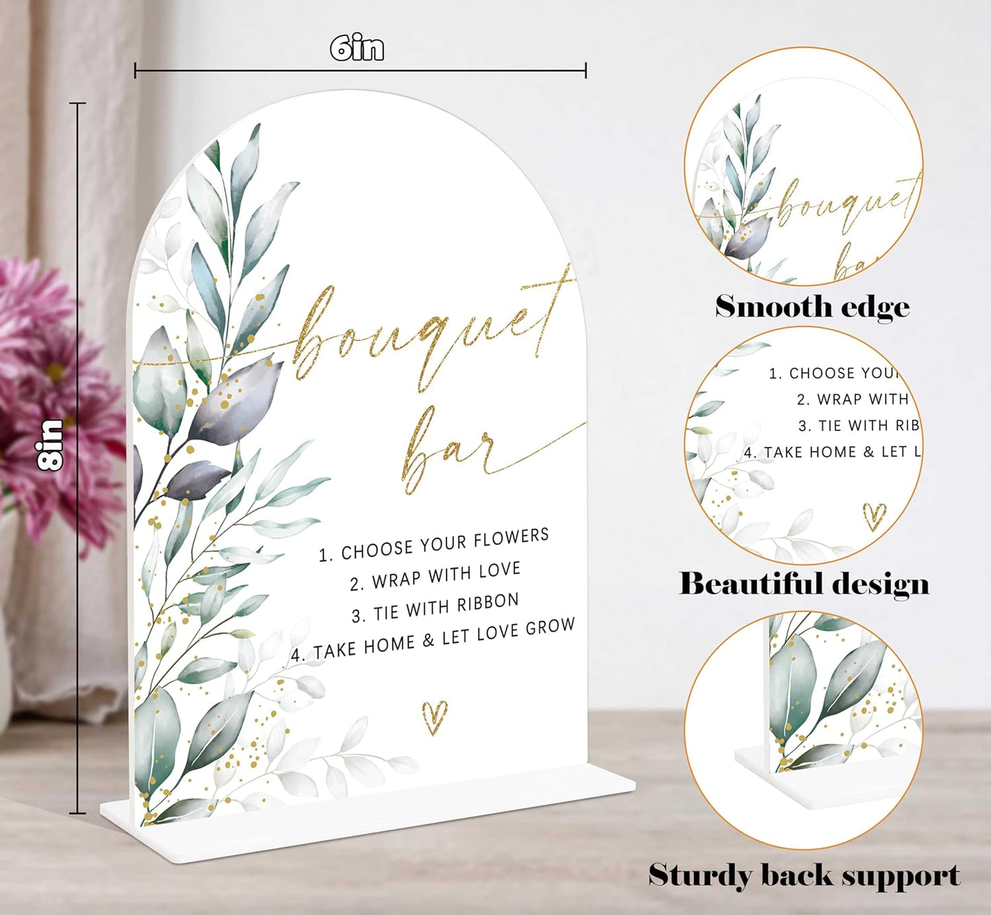Acrylic Wedding Signs, Greenery Theme Bouquet Bar Sign, Wedding Reception Signage, Bridal Shower Table Decor with Stand, Bouquet Bar Supplies for Engagement, Anniversary, Newlywed Event and Party, 05
