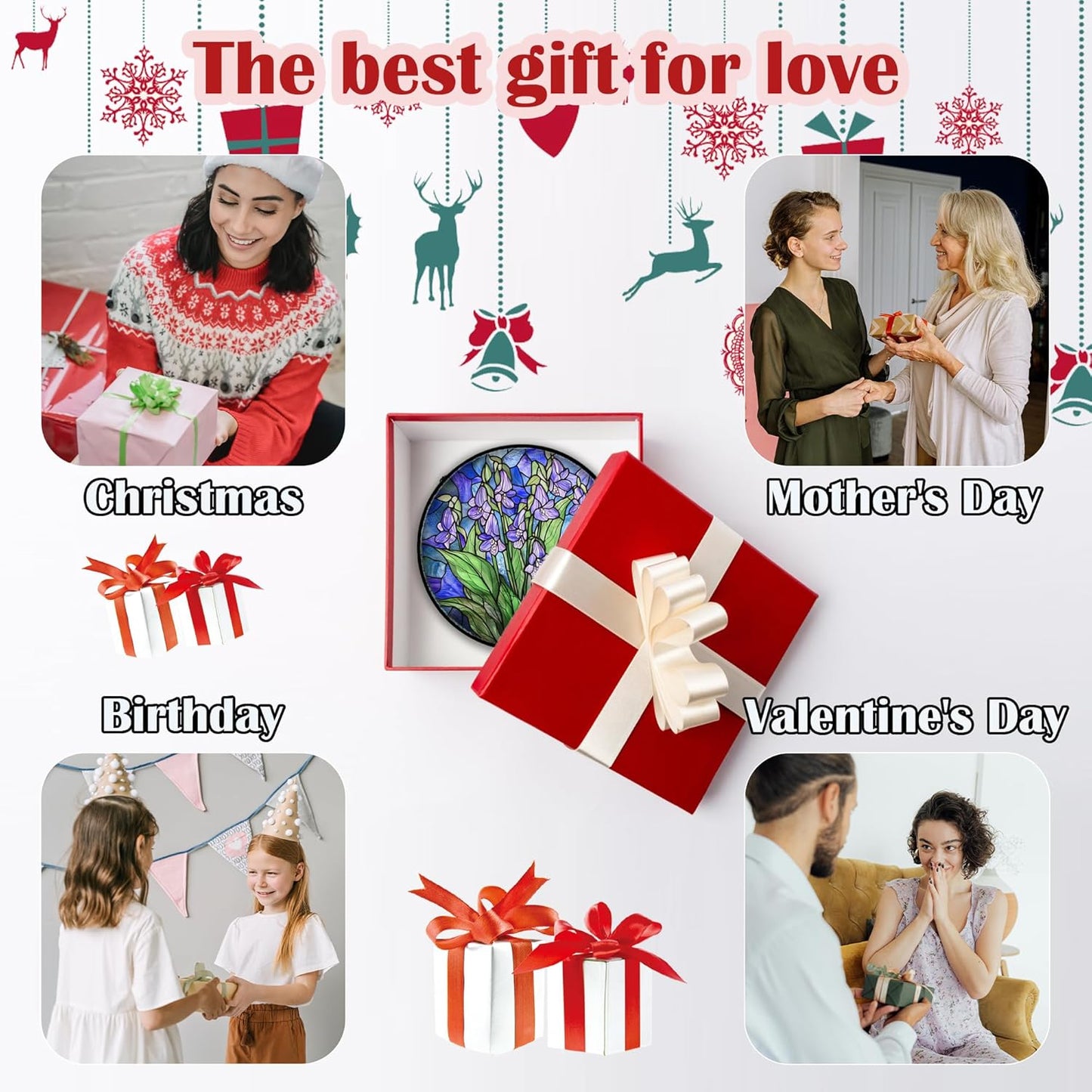 Stained Glass Suncatcher, Blue Purple Flowers Green Leaves Sun Catcher Plants Stain Glass Window Hanging Decoration Mother's Day Birthday Gifts for Women Men Mom and Nana 11.8 in