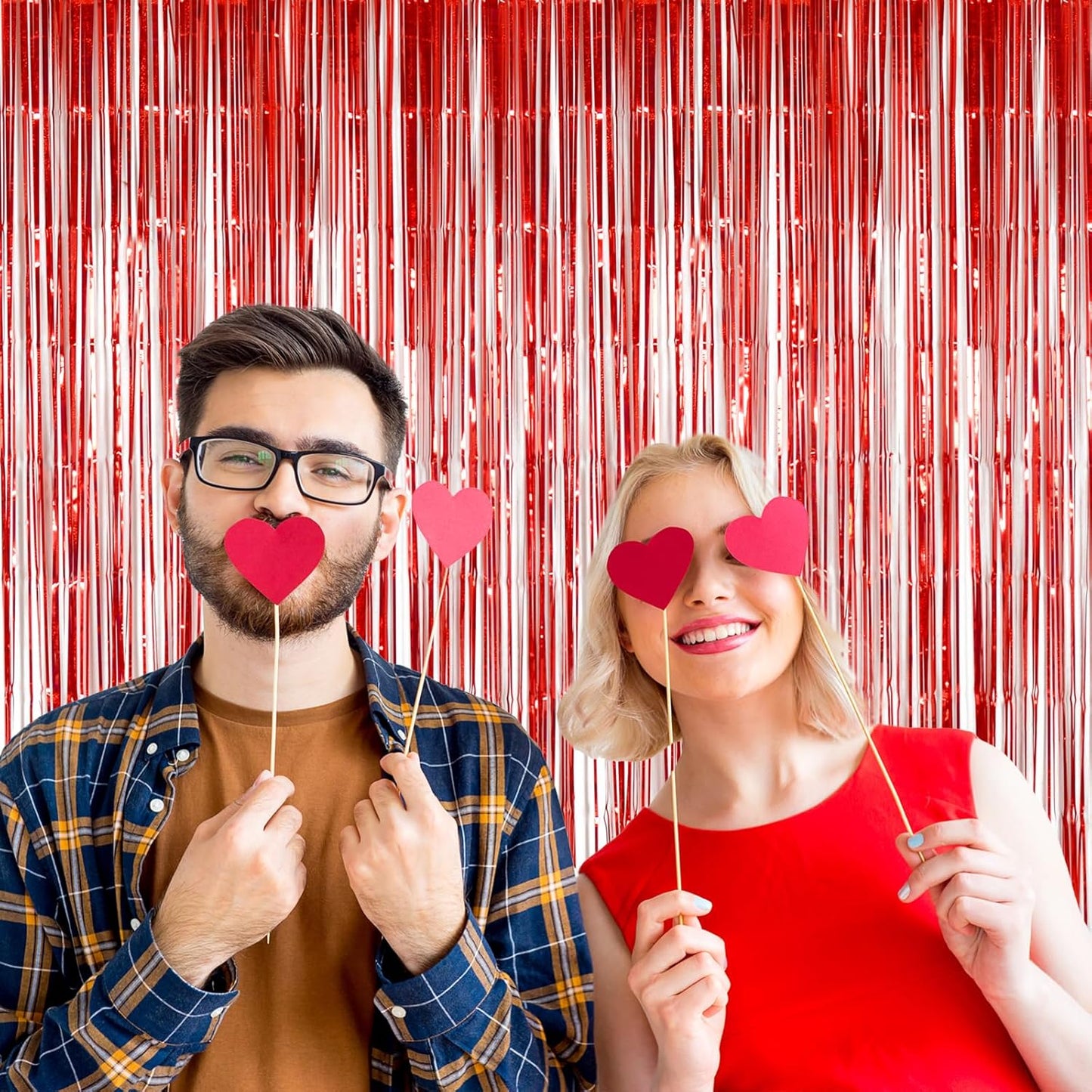 Foil Fringe Curtains Party Decorations - Melsan 3 Pack 3.2 x 8.2 ft Tinsel Curtain Party Photo Backdrop for Birthday Party Baby Shower or Graduation Decorations (Pure red)