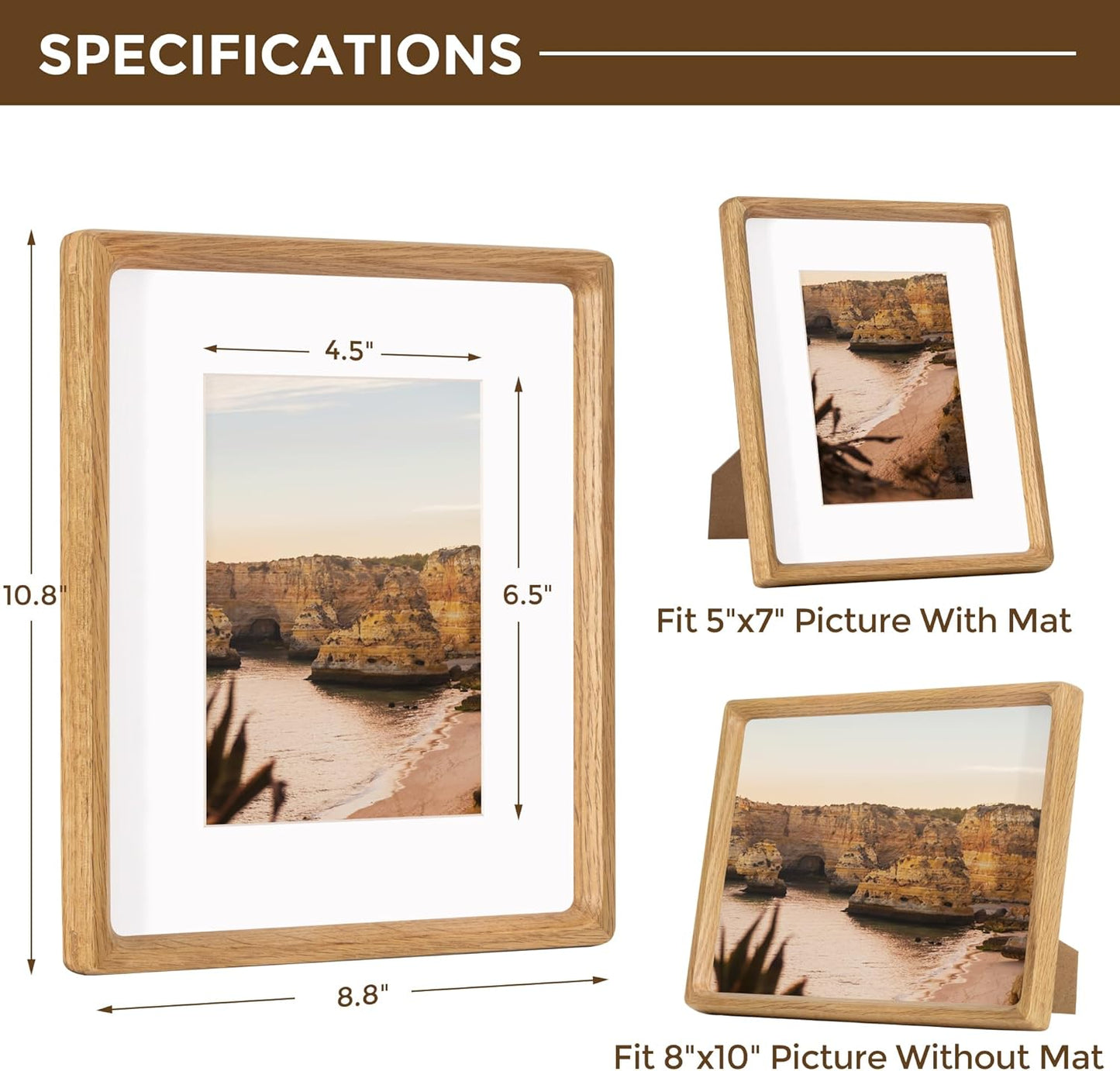 8x10 Oak Frame USA-Sourced Natural Wood Picture Frames Handcrafted Rounded Corner with Mat to 6x8 Picture Display with Real Glass Family Picture, Photo, Certificate