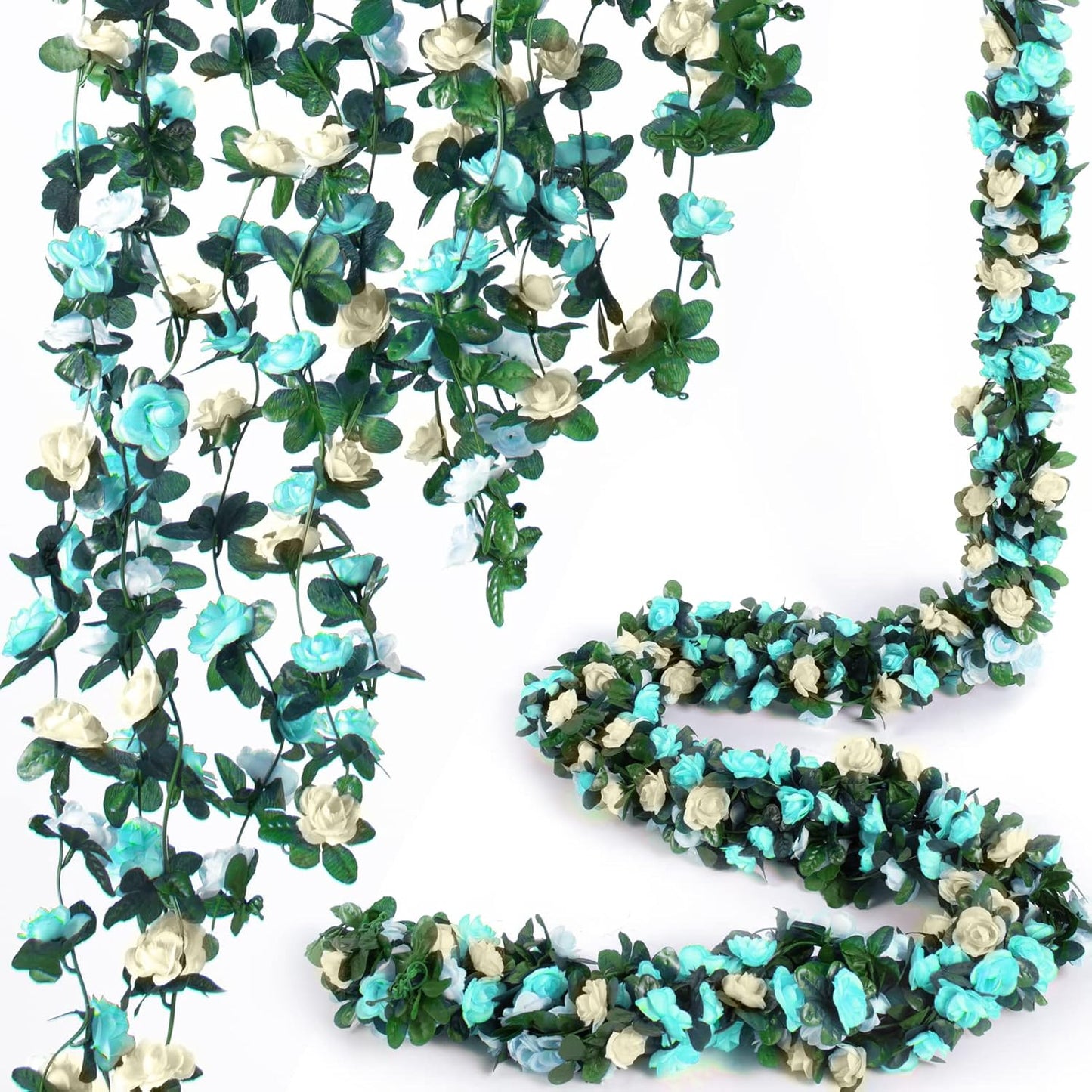 8 Pcs x 8.2 ft Flower Garland Artificial Rose Vine Flowers with Green Leaves Hanging Fake Roses Vine for Room Party Home Wedding Birthday Christmas Wall Arch Decor, White Blue Flower