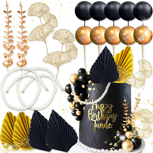 Boho Cake Topper Black Gold Balls Cake Topper Gold Leaves Cake Decoration Prom Cake Decoration Roaring 20s Cake Decoration 1920s Party Supplies