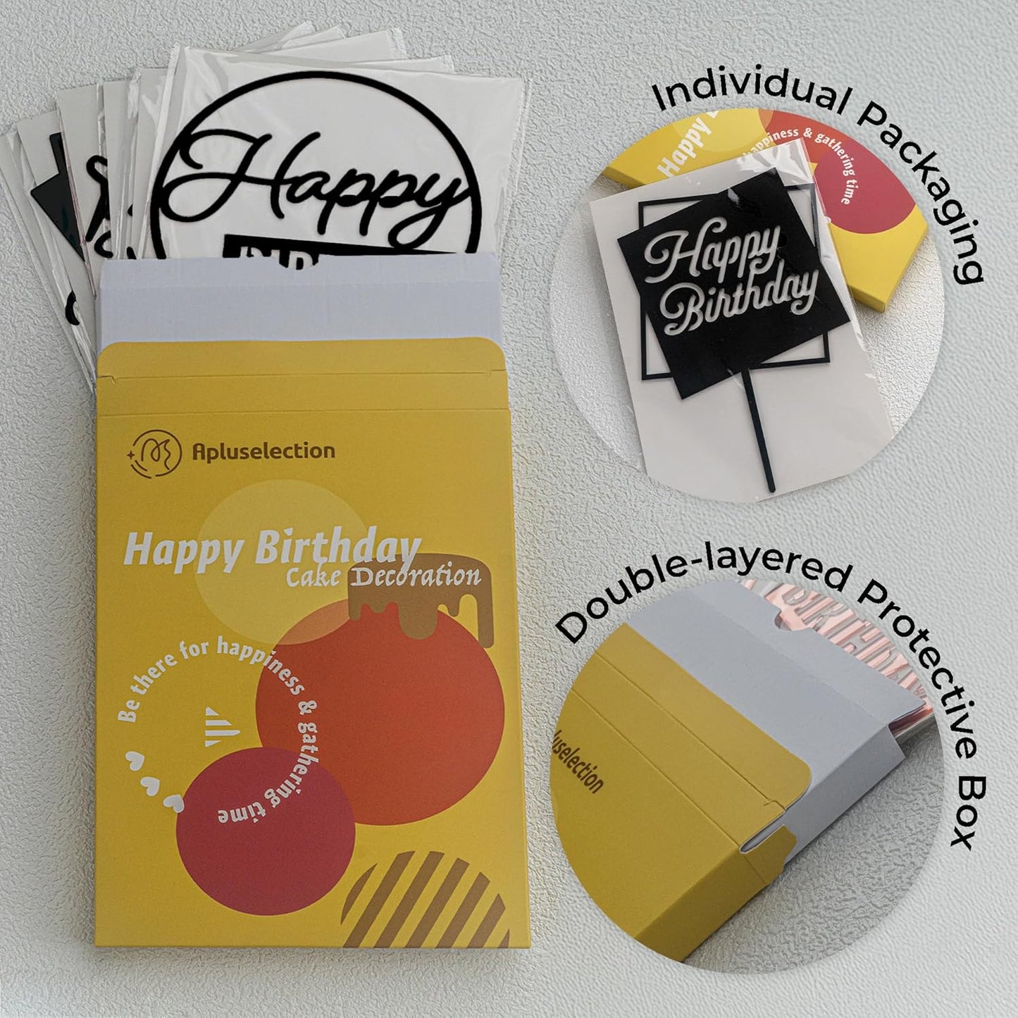 6 Pcs Black Happy Birthday Cake Toppers Set, Acrylic Cake Decoration for Birthday Party