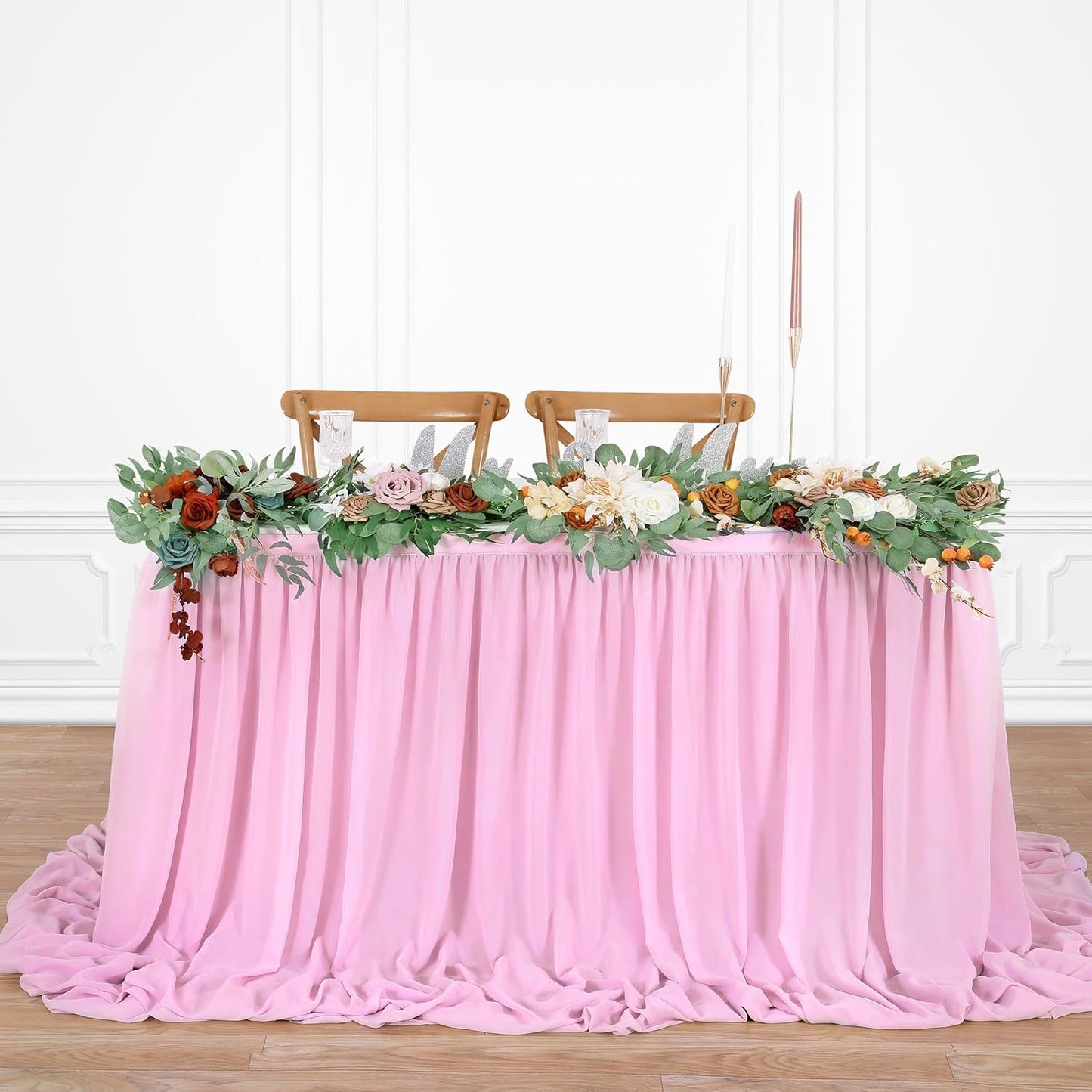 QueenDream Pink Chiffon Table Skirt 6ft Pink Table Cloth for Rectangle Tables Birthday Princess Girl Baby Shower Party