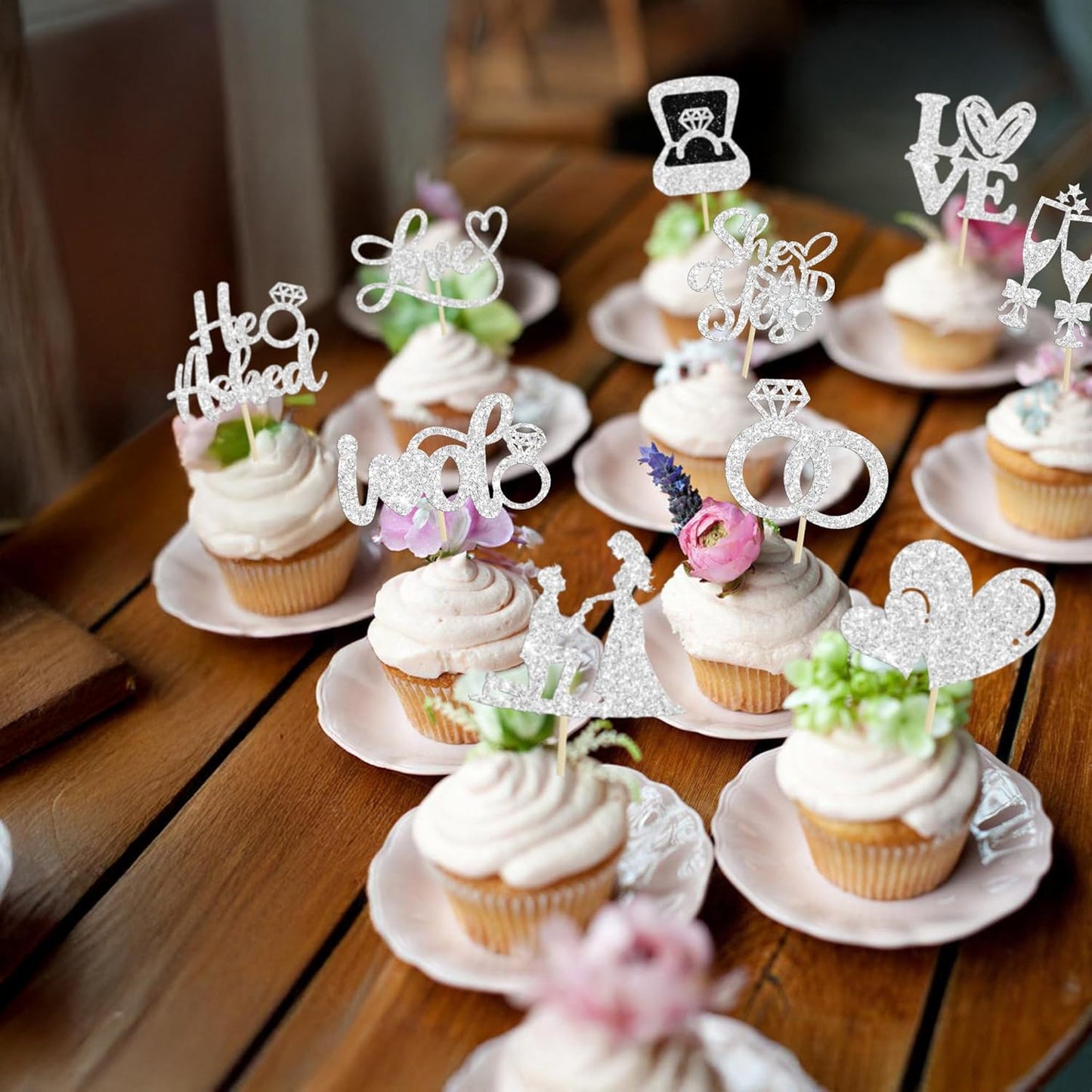 Ephlyn 30Pcs He Asked She Said Yes Cupcake Toppers Glitter Engagement Cupcake Toppers Diamond Ring Heart Love I Do Cupcake Picks for Engagement Wedding Party Cake Decorations Silver