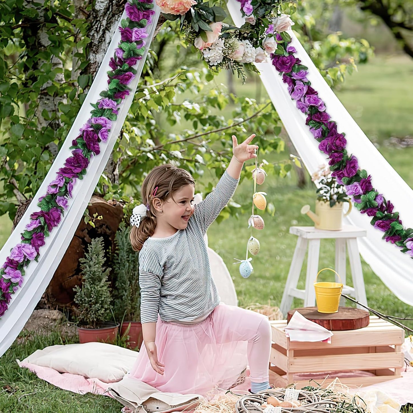 KHOYIME 18 Pack 144 FT Artificial Flower Garland, Fake Purple Roses Vines Silk Flowers Faux Plastic Outdoor Hanging Floral Ivy Garland Decoration for Wedding Arch Bedroom Home Wall Backdrop Room Decor