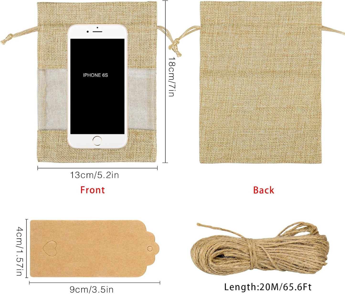 GIOIPC 50Pcs 5 x 7 Inch Linen Burlap Sheer Bags with Drawstring and Bonus Gift Tags for Wedding Birthday Bag,Craft Bags,Cosmetic Samples