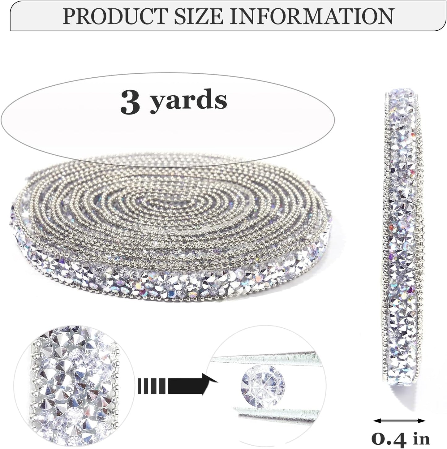 Rhinestone Ribbon 3 Yards Self Adhesive Rhinestone Strips Diamond Ribbon Sticker Crystal Roll Glitter Bling Rhinestones Tape for Crafting DIY Art Decoration (Silver AB,0.4 Inch)