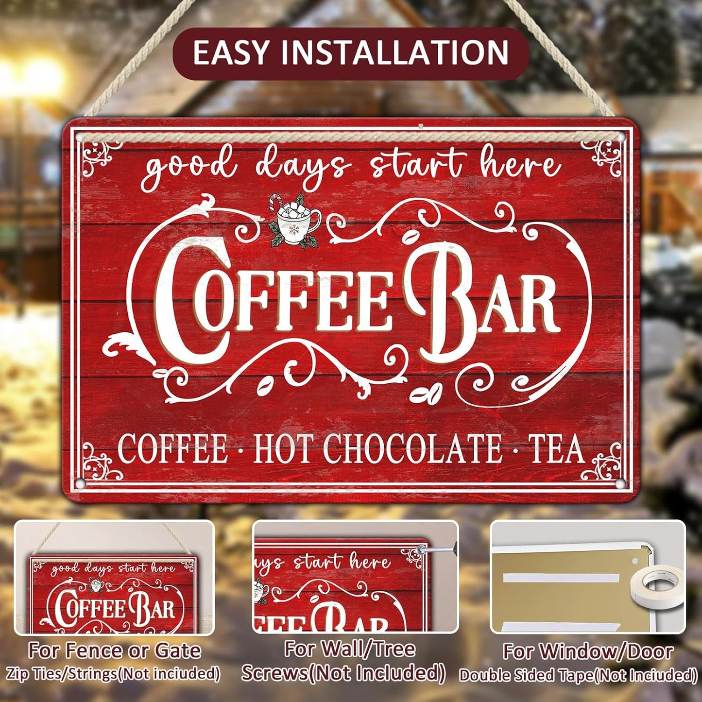 Vintage Christmas Coffee Bar Tin Sign - Kitchen Decor, Tea Bar Accessories, Hot Chocolate Station - 8x12Inch