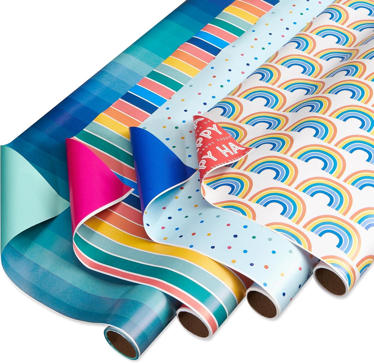 American Greetings 160 sq. ft. Reversible Wrapping Paper Set for Birthdays and All Occasions, Rainbow, Polka Dots, Stripes and Ombre (4 Rolls, 30 in. x 16 ft. each)