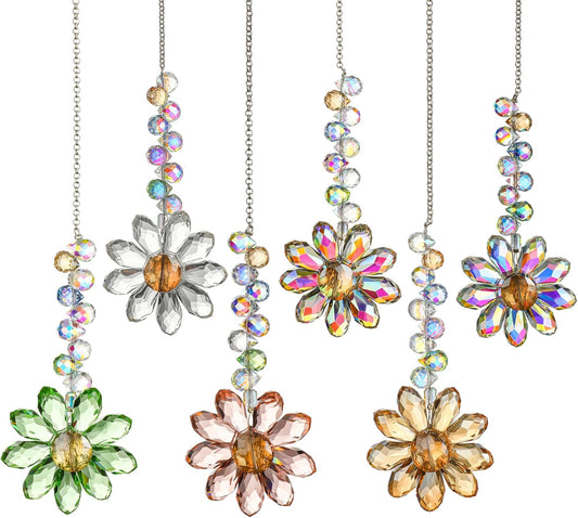 HDCRYSTALGIFTS 6PCS Crystal Sunflower Suncatchers Hanging Ornaments, Crystal Window Sun Catchers Rainbow Maker Light Catcher Indoor Outdoor Garden Decor Glass Christmas Ornaments