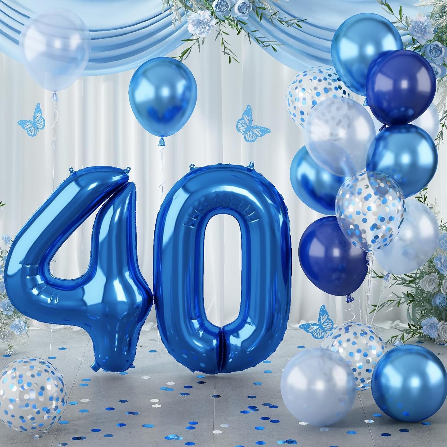Large Foil Number 40 Balloons, Big Light Navy Blue 40 Helium Balloon with Metallic Silver Confetti Balloon for Men 40th Birthday Party Decor, Mylar Self Inflating 40 Balloon for Graduation Decorations