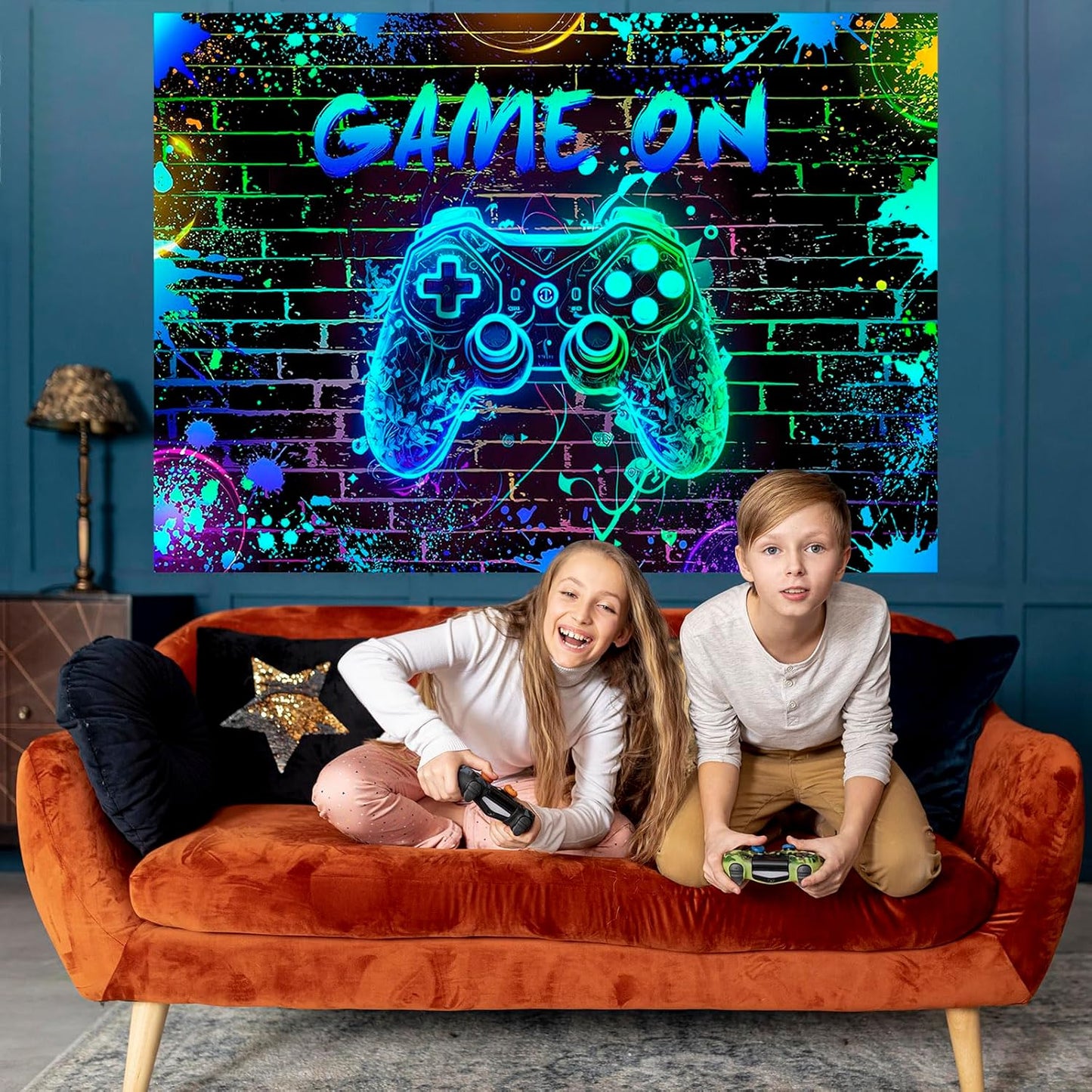 Mocsicka Game On Backdrop Video Game for Boys Level Up Birthday Party Decoration Game Night Arcade Neon Glow Gamer Banner Photography Background (Blue, 10x7ft(120"x82"))