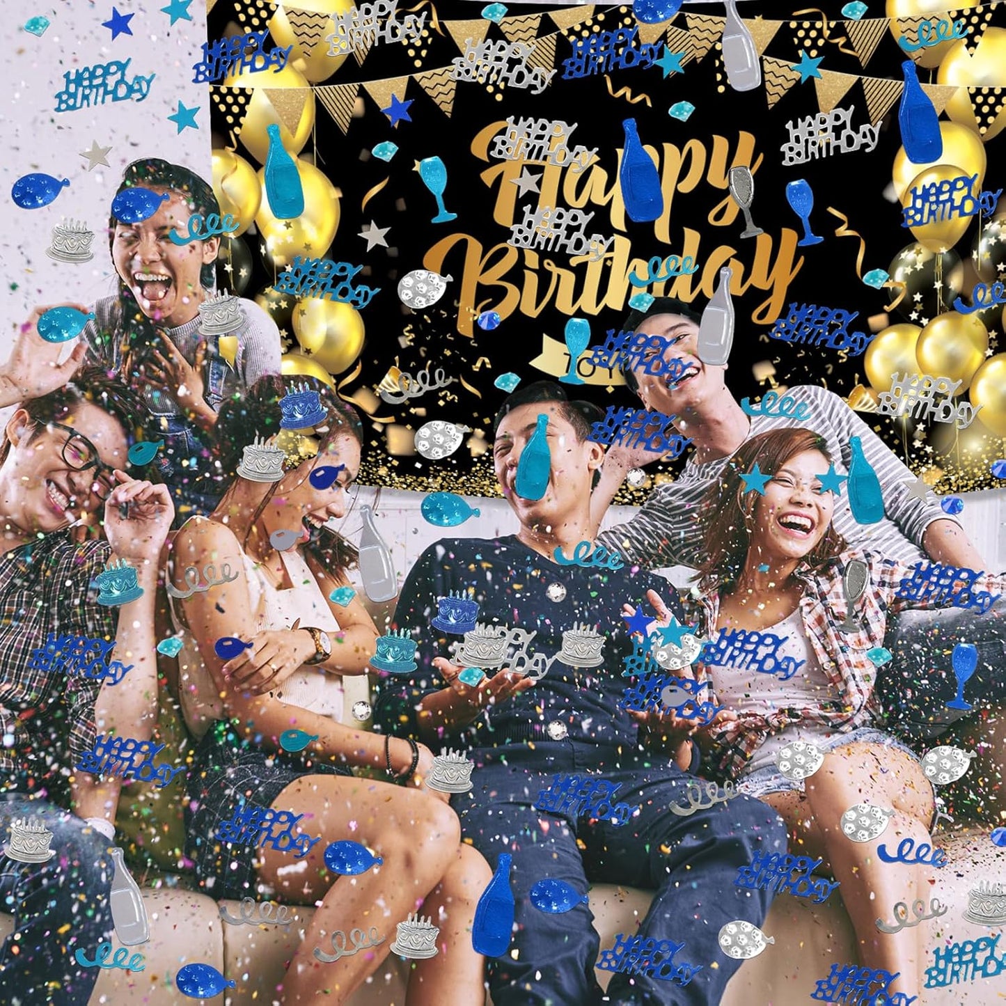 VHUWE Happy Birthday Confetti, 1.6 oz Dark Blue Light Blue Silver Cake Balloon Star Goblet Bottle Glitter Confetti for Boys Girls Kids Women Men Happy Birthday Party Table Decorations Supplies