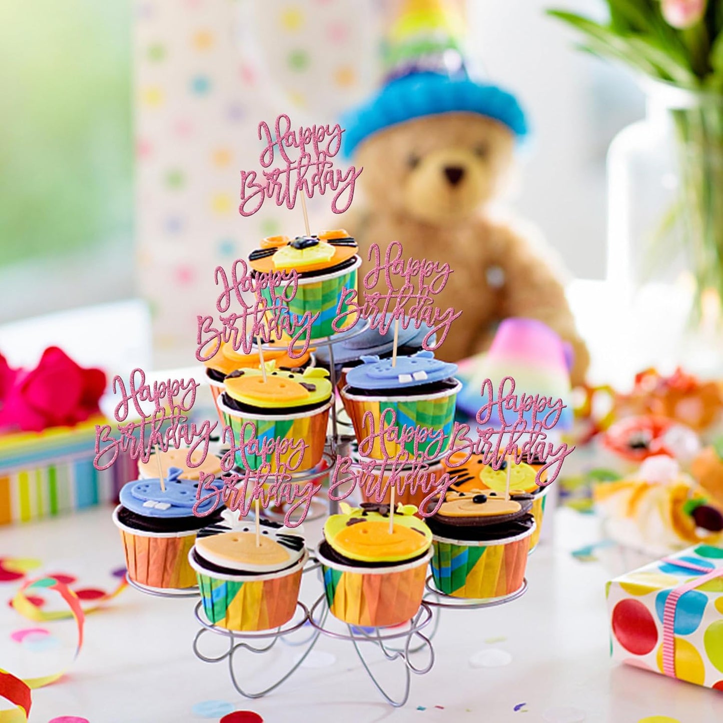 24 PCS Happy Birthday Cupcake Toppers Glitter Happy Birthday Cupcake Picks for Celebrating Happy Birthday Anniversary Theme Party Cake Decorations Supplies Pink