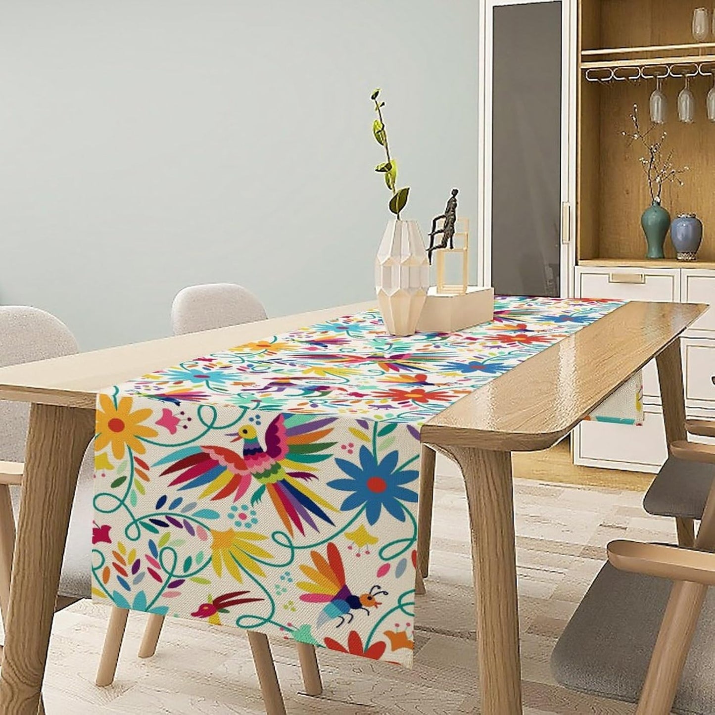 Mexican Table Runner,Boho Colorful Nature Inspired Flowers and Birds Table Cloth Kitchen Dining Table Home Party Decoration 13x36 Inch
