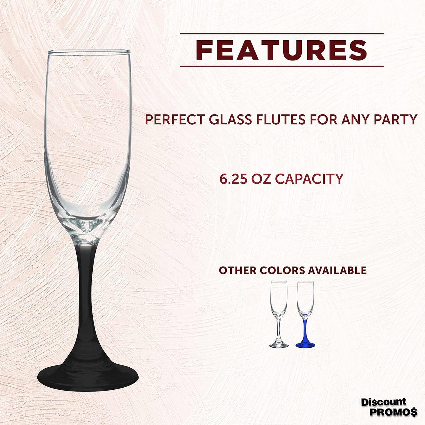 DISCOUNT PROMOS Premiere Champagne Flutes 6.25 oz. Set of 10, Bulk Pack - Elegant Drinkware for Weddings, Events, & Promotional Gifts - Black