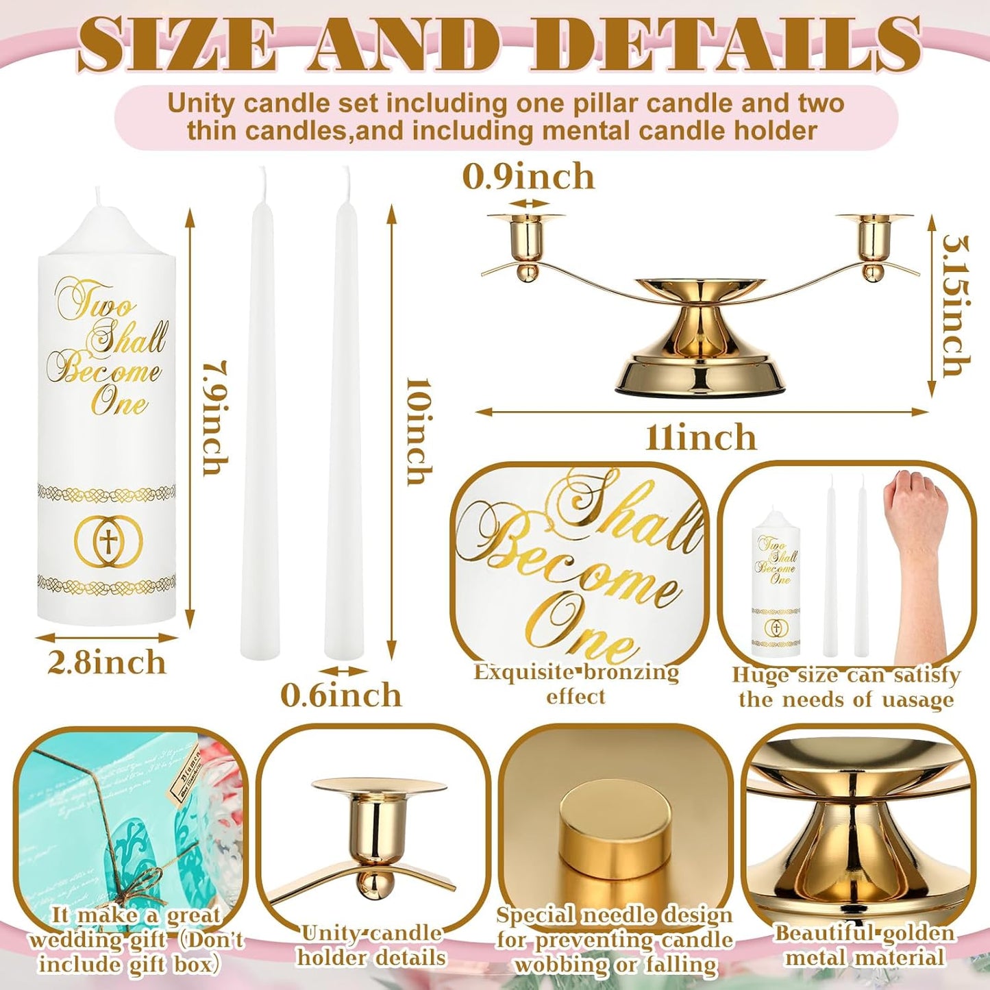 Irenare Unity Candles with Holder for Wedding Ceremony Wedding Decortions Accessories Glass Candle Holder Pillar Candle for Formal Events Church(Elegant)