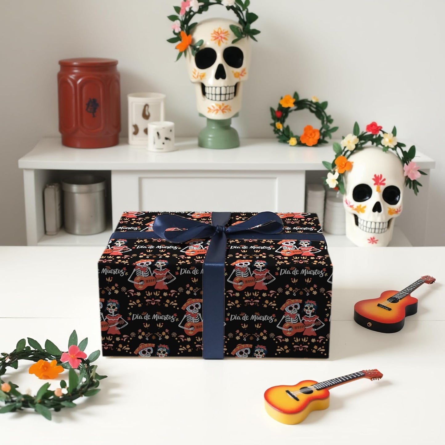 LeZakaa Day of the Dead Wrapping Paper Roll, Skulls, Día de Muertos Skeleton Couple Playing Guitar Design, for Party Celebrations, Romance, Mini Roll 17 in x 16.4 Ft