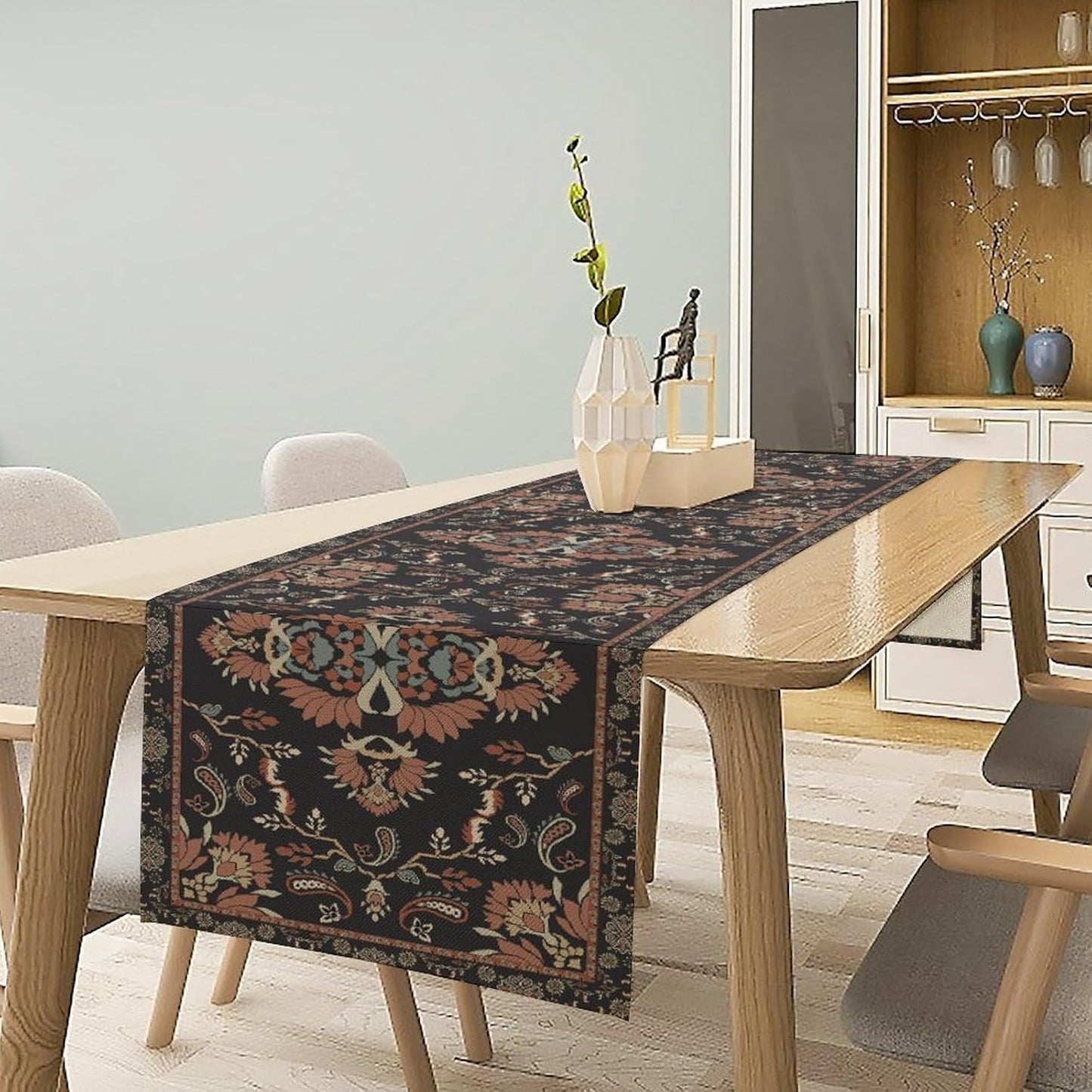 Boho Paisley Farmhouse Table Runner, Vintage Red Blue Retro Flower Rustic Country Style Floral Print Pattern for Home Kitchen Table Decor Dining Coffee Room Garden Party Decor 13x36in