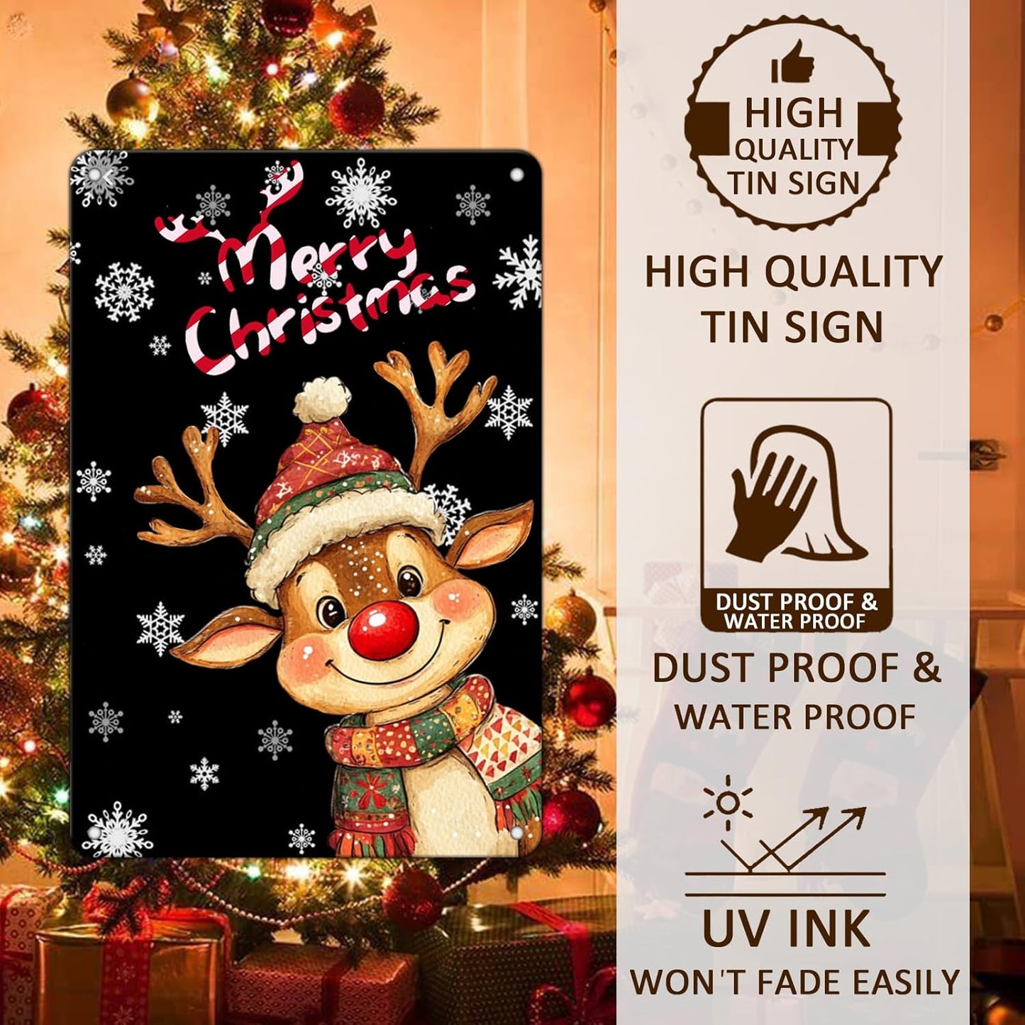 Christmas Reindeer Metal Tin Sign - Merry Christmas Sign for Outdoor & Indoor Decoration - 8x12Inch