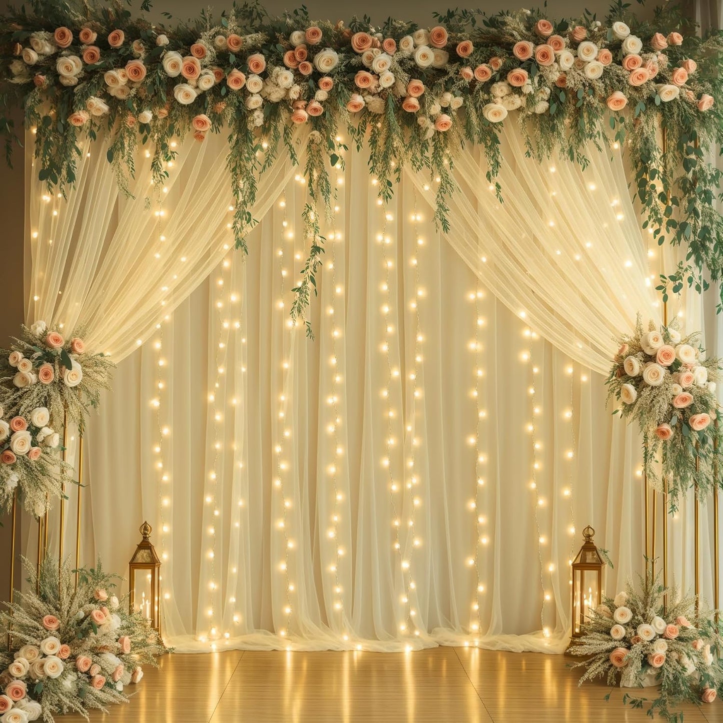 20x8ft Champagne Tulle Backdrop Curtains with Lights for Party Wedding Baby Shower, Sheer Drape Backdrop Curtains for Birthday Party Photo Booth Background Decoration