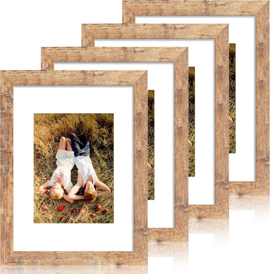 9x12 Picture Frame Set of 4 with Tempered Glass, Rustic Brown Frame Display 6x8 Pictures with Mat or 9 x 12 Without Mat, Wooden 9 x 12 Photo Frame for Wall Mount and Tabletop Display