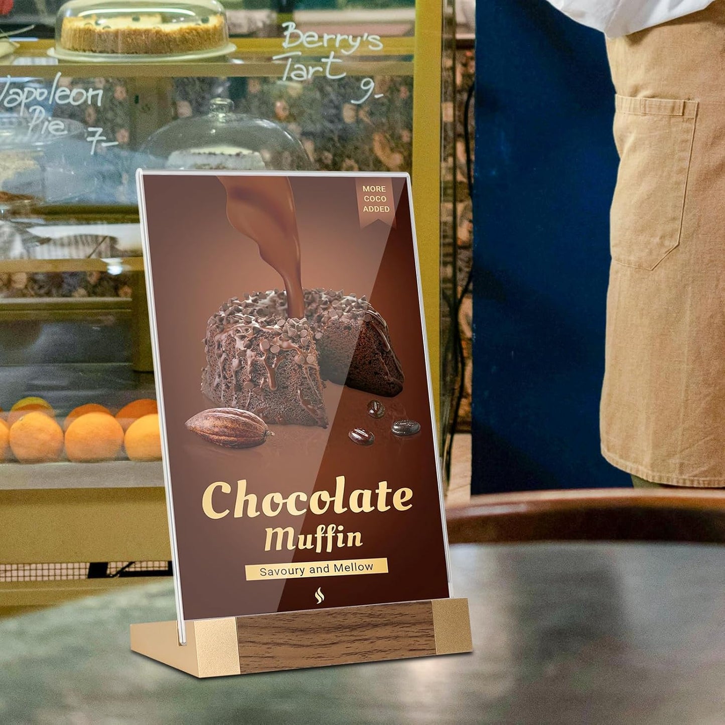 Acrylic Sign Holder 8.5x11 Inch with Wood-Color Base, Tabletop Display Sign Frame Vertical Clear for Store/Coffee Shop/Restaurant Menu Display Hotel/Office Show Exhibitions Holder, 2 Pack L Shape