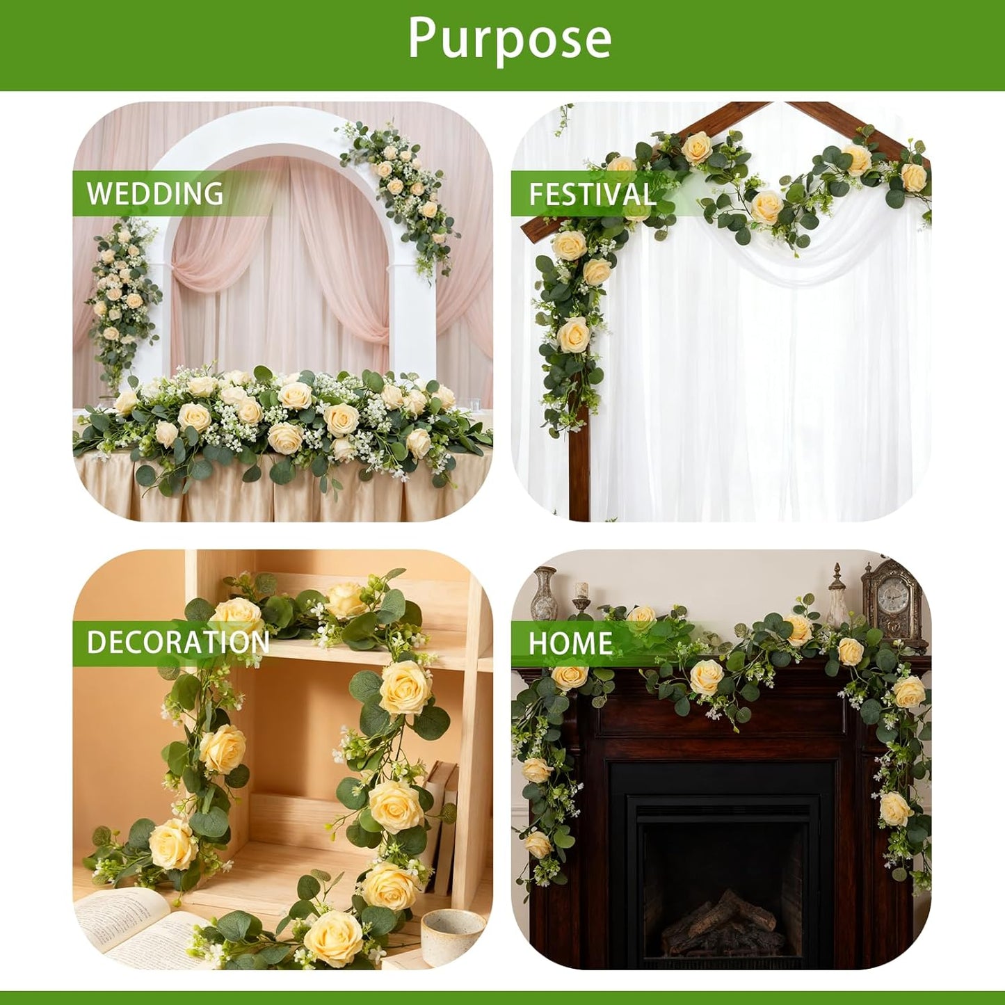 2 Pack 5.9 FT Artificial Flower Garland with Lights, Fake Floral Garland with 12 Roses, White Flower Decorations for Arch Table Centerpieces Backdrop Party Home Wedding Decorations