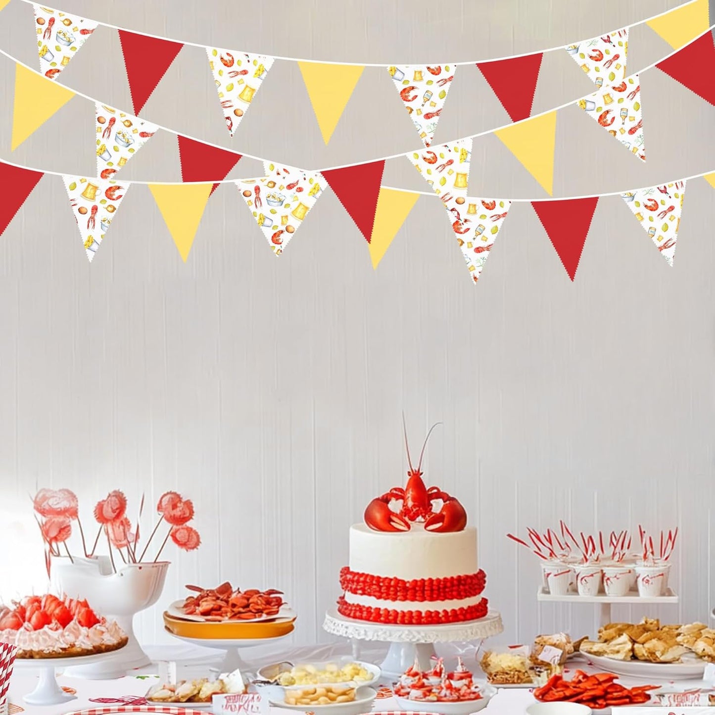 32Ft Crawfish Boil Party Decorations Red Yellow Beer Crawfish Pennant Banner Fabric Triangle Flag Garland Streamers for Lobster Birthday Shrimp Seafood Boil Baby Shower Barbecue Party Decor Supplies