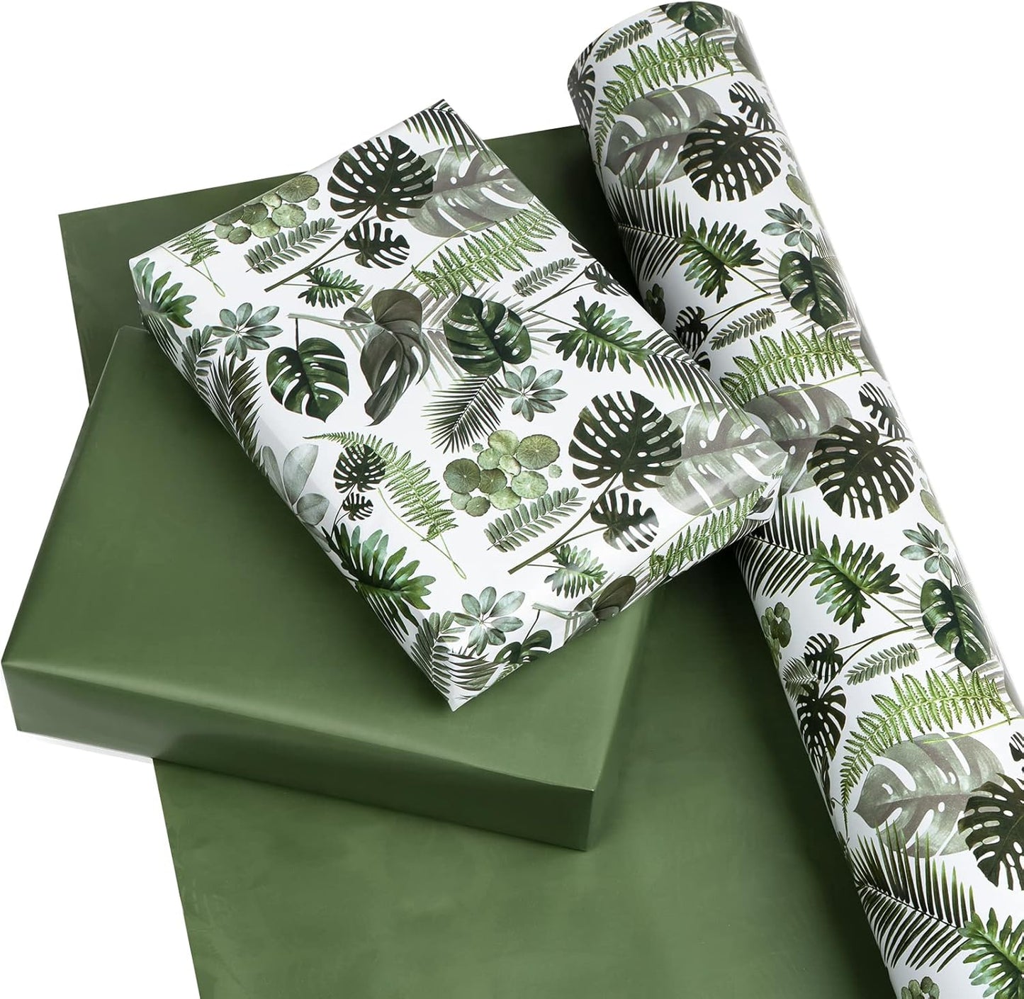 WRAPAHOLIC Reversible Tropical Wrapping Paper - Mini Roll - 17 Inch X 33 Feet - Green Monstera Leaf Hawaii Wrapping Paper for Birthday, Wedding, Bridal Shower, Baby Shower