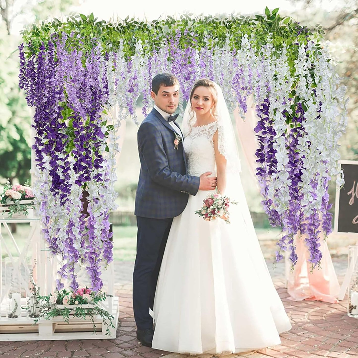 24 Pack Purple Wisteria Hanging Flowers Garland, 3.77 Feet Artificial Flower Vines, Fake Wisteria, Artificial Vines Hanging Garland for Backdrop Outdoor Yard Garden Decor