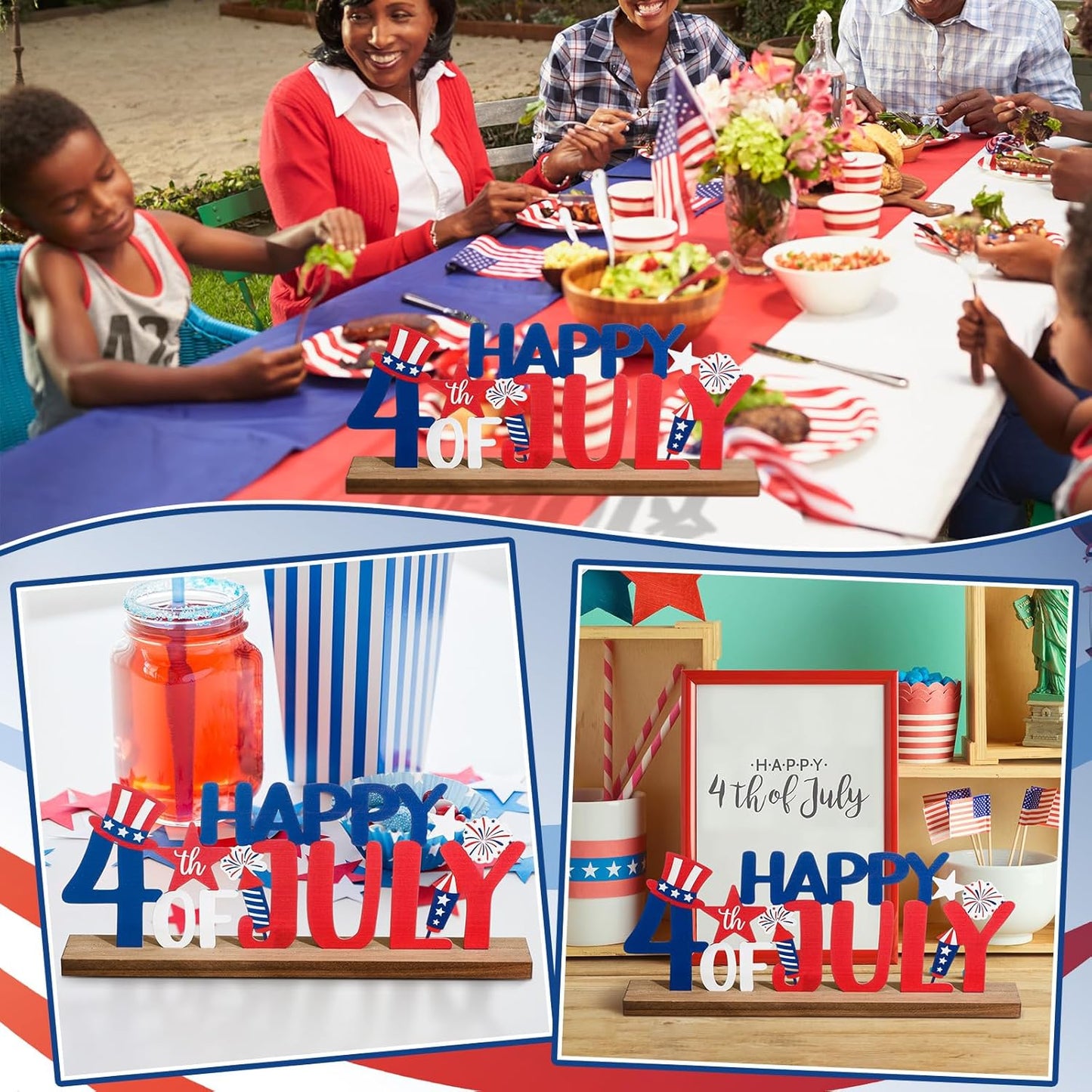 Happy 4th of July/Patriotic Metal Sign Rustic Table Decor Holiday Tiered Tray Decor with Wooden Base Freestanding Metal Word Sign for Home Tabletop Centerpiece Mantel Shelf Fireplace