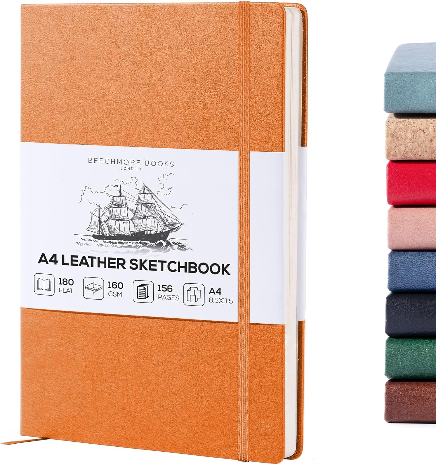 Beechmore Books A4 Sketchbook – 8.5x11 Premium Vegan Leather Bound Large Sketch Book Hardcover with 156 Thick 160gsm Perforated Ivory Pages, Blank Sketch Pad, Gift Boxed, Back Pocket, Ribbon Bookmark